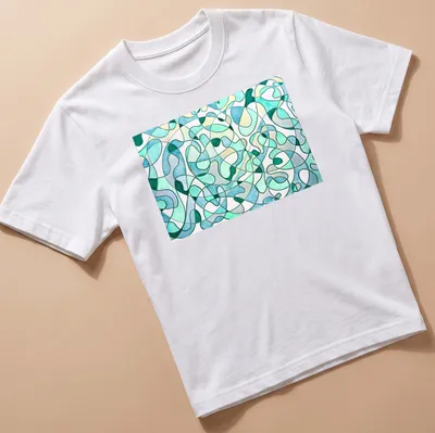 Abstract organic shapes in mint, teal, light green, and white with the text 'Entangled Currents' — printed on a unisex t-shirt
