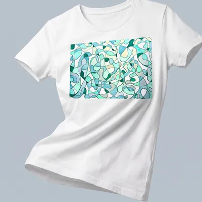 Abstract organic shapes in mint, teal, light green, and white with the text 'Entangled Currents' — printed on a women's shirt