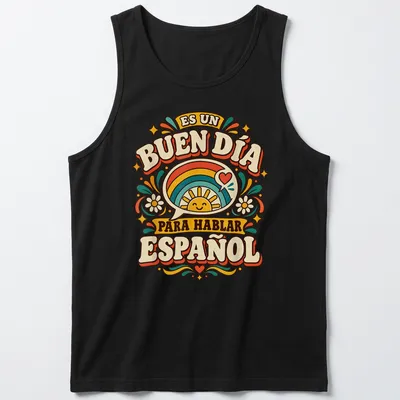 Colorful vintage print of a smiling sun and Spanish text about speaking Spanish — printed on a tank top