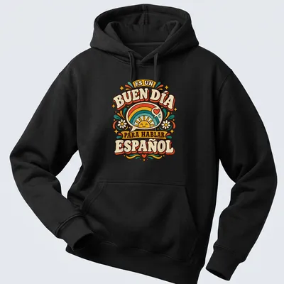 Colorful vintage print of a smiling sun and Spanish text about speaking Spanish — printed on a unisex hoodie