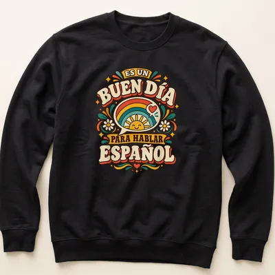Colorful vintage print of a smiling sun and Spanish text about speaking Spanish — printed on a unisex sweatshirt