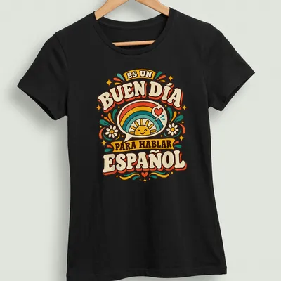 Colorful vintage print of a smiling sun and Spanish text about speaking Spanish — printed on a women's shirt