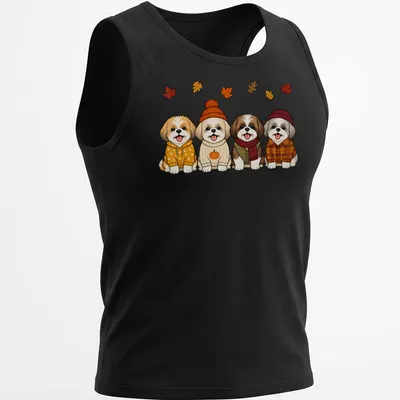 Kawaii line-art of Shih Tzu dogs with pumpkins in autumn colors — printed on a tank top
