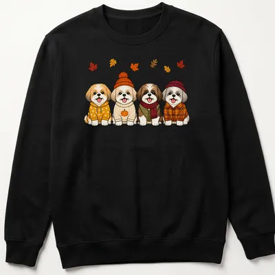 Kawaii line-art of Shih Tzu dogs with pumpkins in autumn colors — printed on a unisex sweatshirt