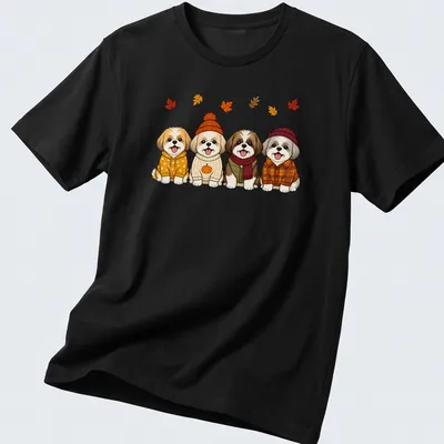 Kawaii line-art of Shih Tzu dogs with pumpkins in autumn colors
