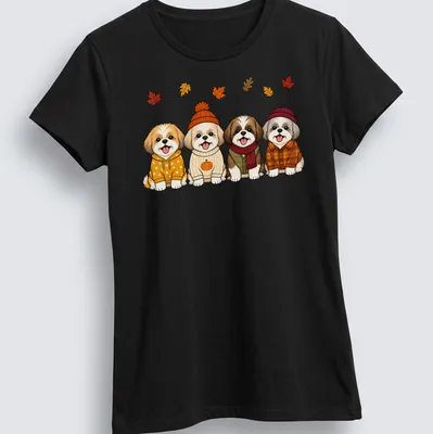 Kawaii line-art of Shih Tzu dogs with pumpkins in autumn colors — printed on a women's shirt