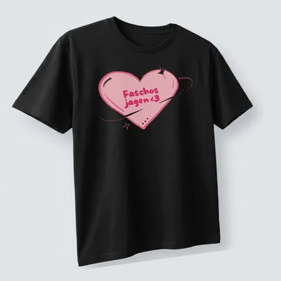 Kawaii line-art style shirt featuring a pink heart with the text Faschos jagen 3 — printed on a unisex t-shirt (angled view)
