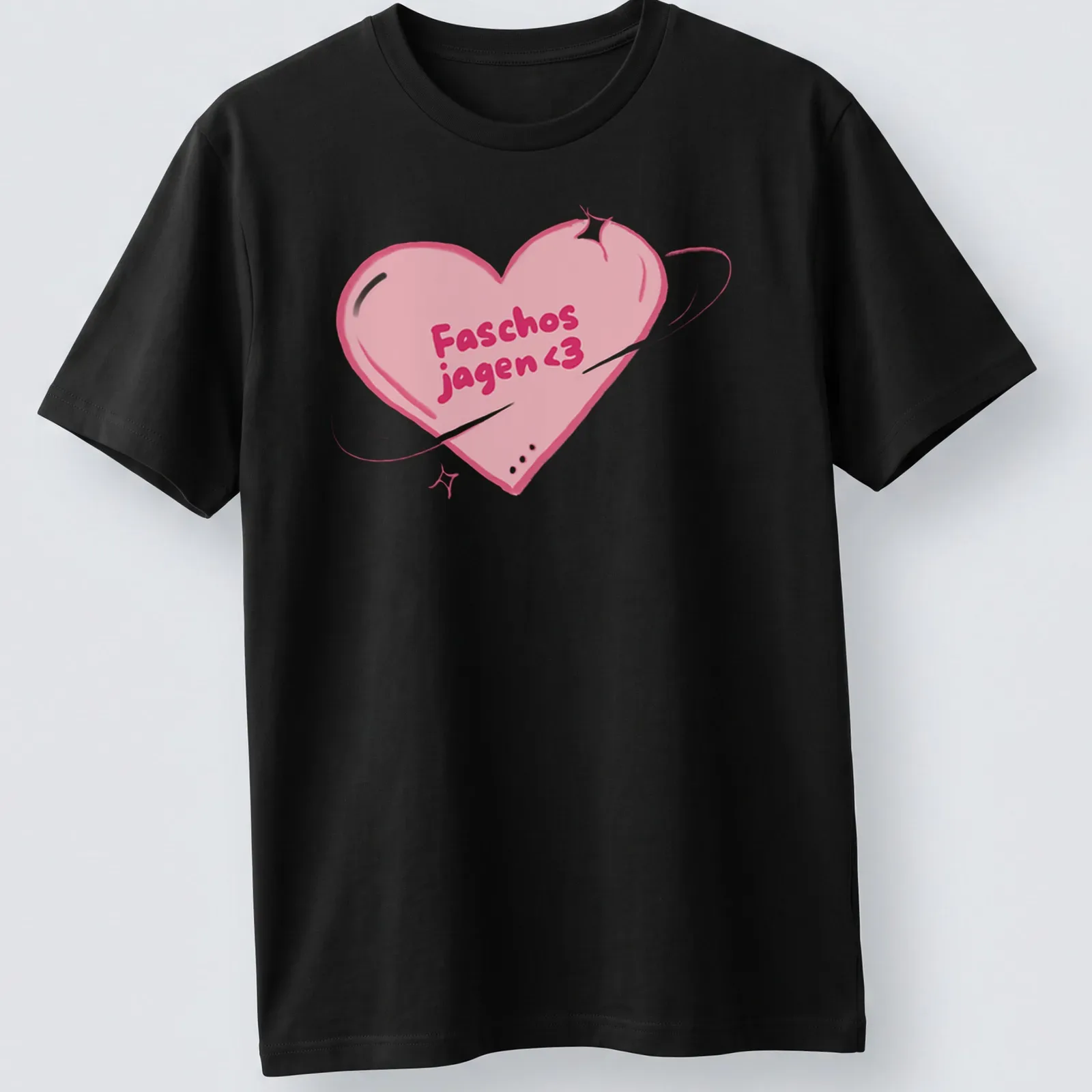 Kawaii line-art style shirt featuring a pink heart with the text Faschos jagen 3 — printed on a unisex t-shirt