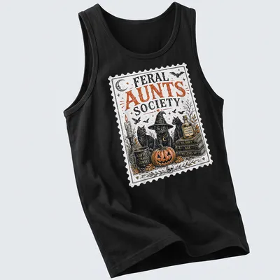 Vintage stamp print featuring three black cats in witch hats. — printed on a tank top