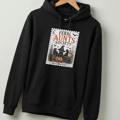 Vintage stamp print featuring three black cats in witch hats. — printed on a unisex hoodie