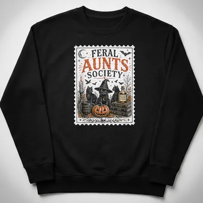 Vintage stamp print featuring three black cats in witch hats. — printed on a unisex sweatshirt
