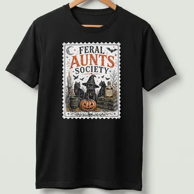 Vintage stamp print featuring three black cats in witch hats.