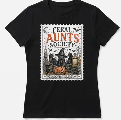 Vintage stamp print featuring three black cats in witch hats. — printed on a women's shirt