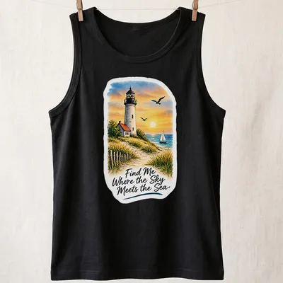 Vibrant landscape of a lighthouse with the quote about the sea and sky — printed on a tank top