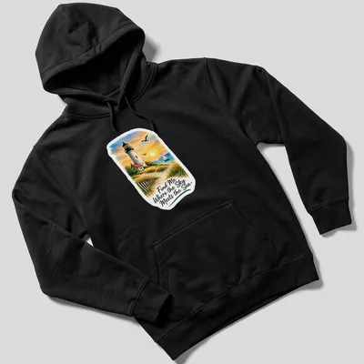 Vibrant landscape of a lighthouse with the quote about the sea and sky — printed on a unisex hoodie