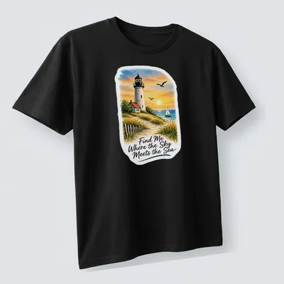 Vibrant landscape of a lighthouse with the quote about the sea and sky — printed on a unisex t-shirt (angled view)