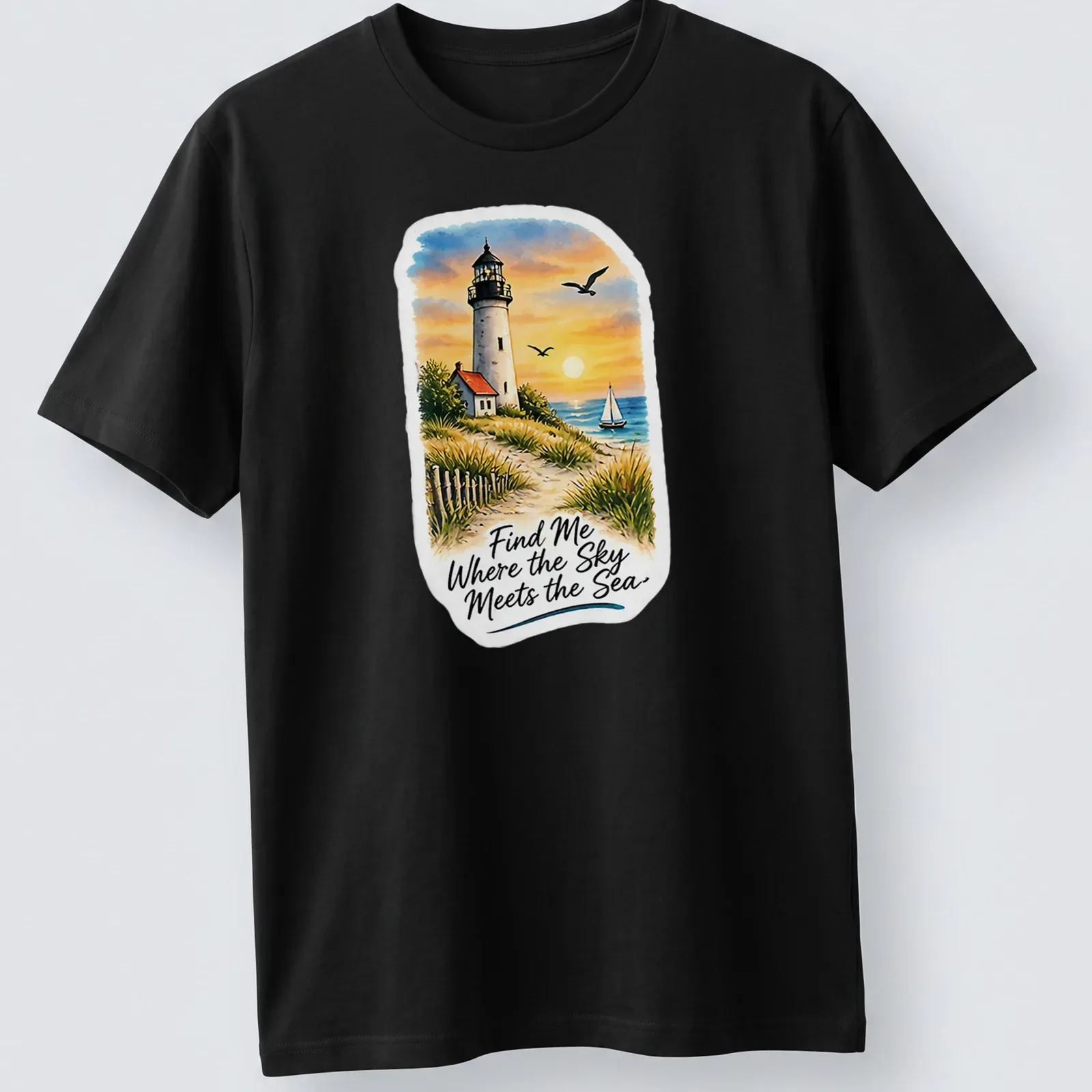 Vibrant landscape of a lighthouse with the quote about the sea and sky — printed on a unisex t-shirt