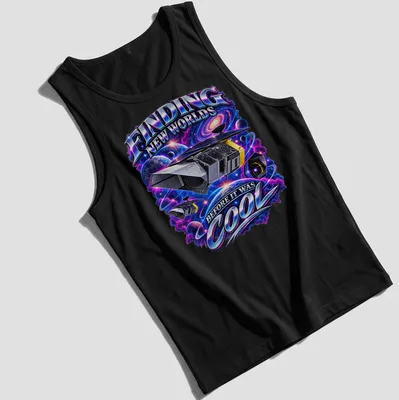Cosmic design of a space telescope with the text about finding worlds. — printed on a tank top