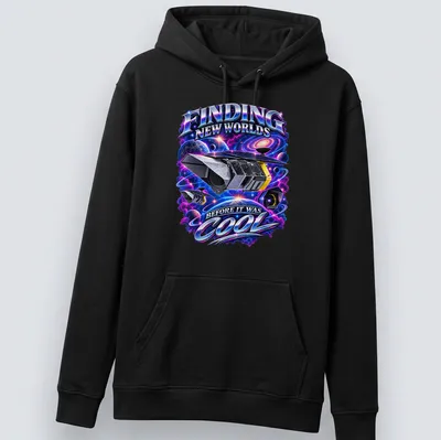 Cosmic design of a space telescope with the text about finding worlds. — printed on a unisex hoodie