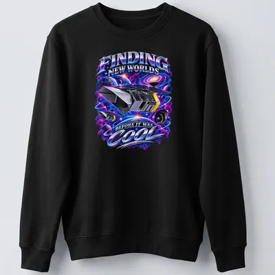 Cosmic design of a space telescope with the text about finding worlds. — printed on a unisex sweatshirt