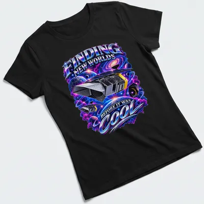 Cosmic design of a space telescope with the text about finding worlds. — printed on a women's shirt