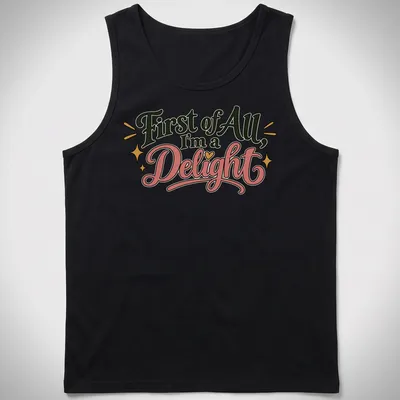Playful retro shirt with decorative text and stars in black, pink, gold, and white — printed on a tank top