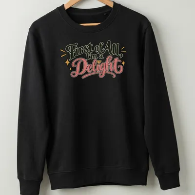 Playful retro shirt with decorative text and stars in black, pink, gold, and white — printed on a unisex sweatshirt