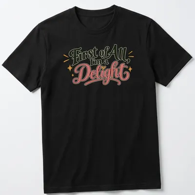 Playful retro shirt with decorative text and stars in black, pink, gold, and white
