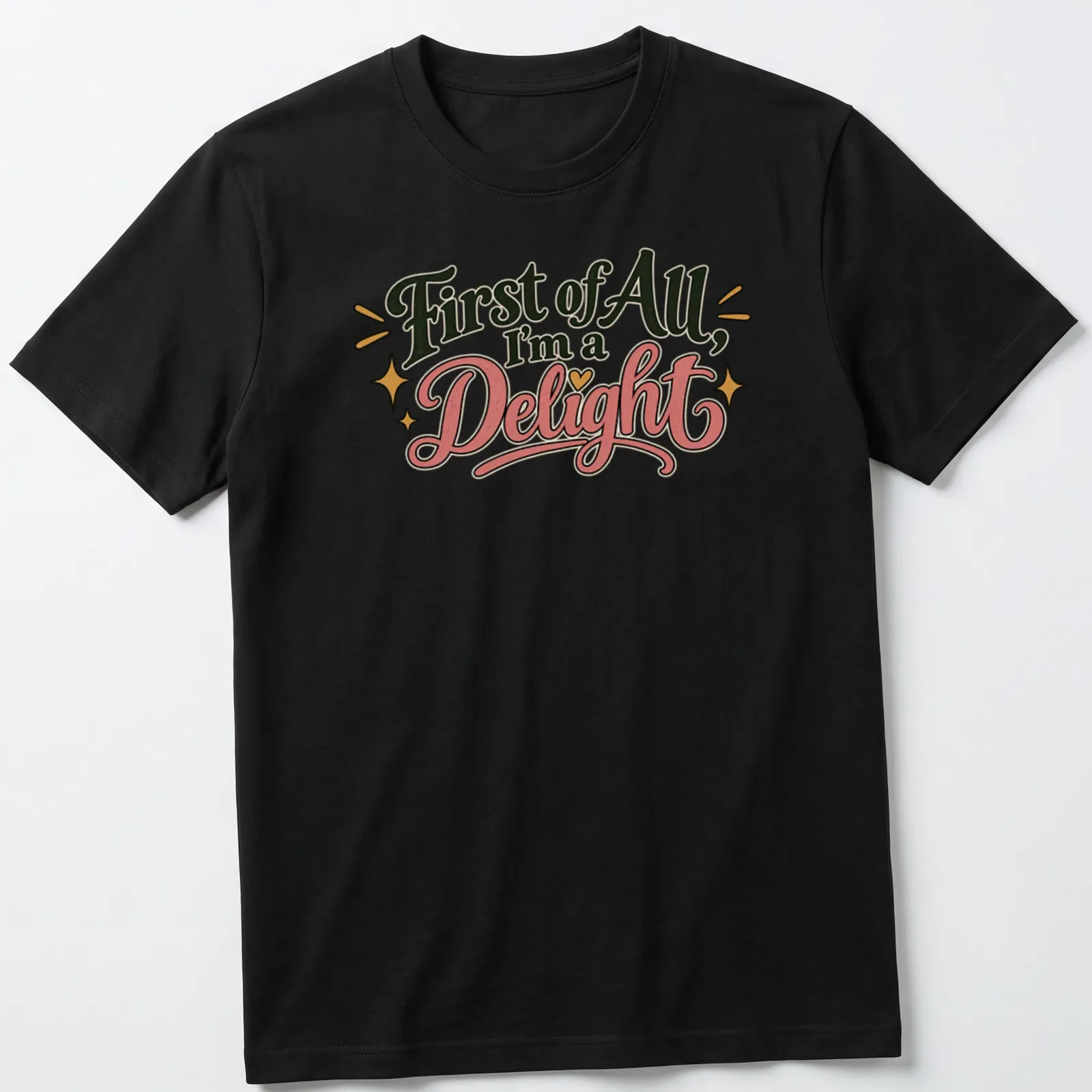 Playful retro shirt with decorative text and stars in black, pink, gold, and white — printed on a unisex t-shirt