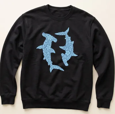 Illustration of floral hammerhead sharks in light and dark blue with white accents — printed on a unisex sweatshirt