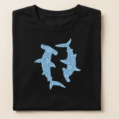 Illustration of floral hammerhead sharks in light and dark blue with white accents — printed on a women's shirt