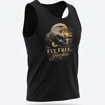 Detailed illustration of a bald eagle with golden feathers and blue sky backdrop. — printed on a tank top