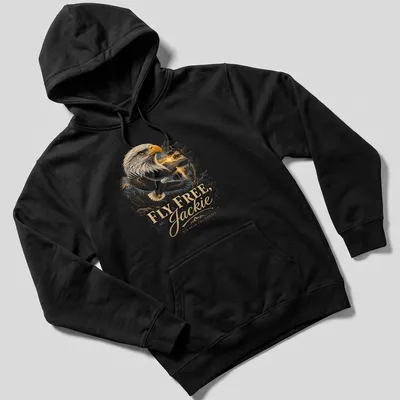 Detailed illustration of a bald eagle with golden feathers and blue sky backdrop. — printed on a unisex hoodie