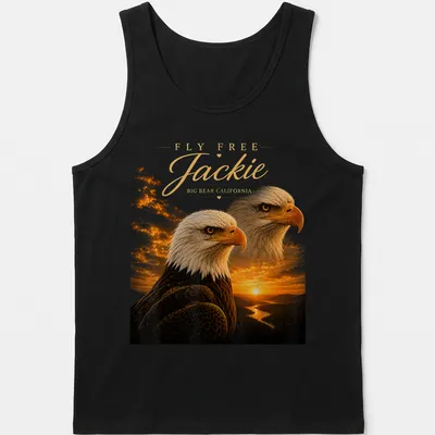 Realistic print of a Bald Eagle in flight with text FLY FREE Jackie BIG BEAR CALIFORNIA — printed on a tank top