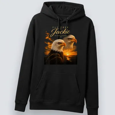 Realistic print of a Bald Eagle in flight with text FLY FREE Jackie BIG BEAR CALIFORNIA — printed on a unisex hoodie