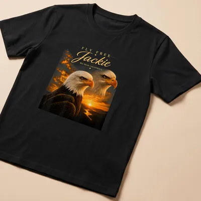 Realistic print of a Bald Eagle in flight with text FLY FREE Jackie BIG BEAR CALIFORNIA