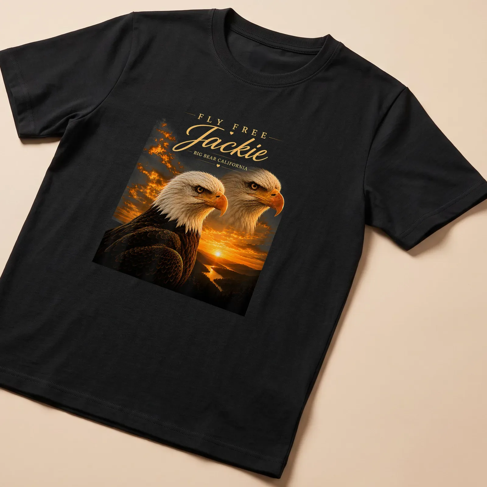 Realistic print of a Bald Eagle in flight with text FLY FREE Jackie BIG BEAR CALIFORNIA — printed on a unisex t-shirt