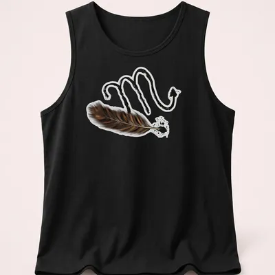 Artistic illustration of Scorpio symbol intertwined with a feather in black and brown — printed on a tank top