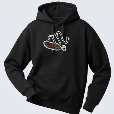 Artistic illustration of Scorpio symbol intertwined with a feather in black and brown — printed on a unisex hoodie