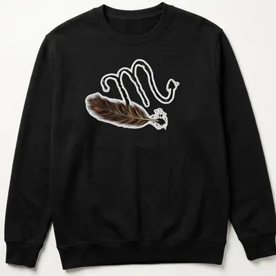 Artistic illustration of Scorpio symbol intertwined with a feather in black and brown — printed on a unisex sweatshirt