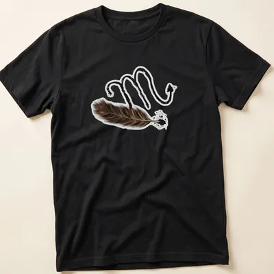 Artistic illustration of Scorpio symbol intertwined with a feather in black and brown — printed on a unisex t-shirt