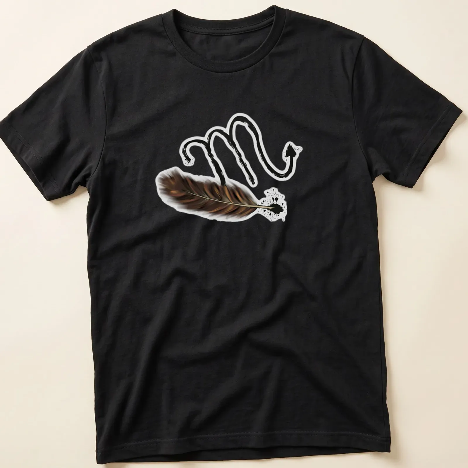 Artistic illustration of Scorpio symbol intertwined with a feather in black and brown — printed on a unisex t-shirt
