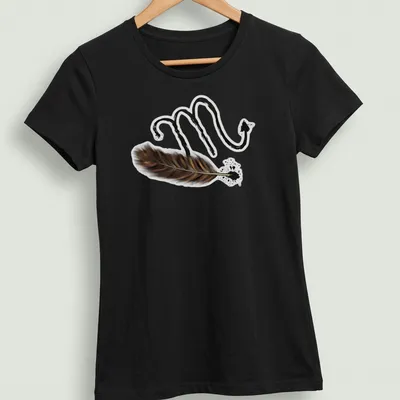 Artistic illustration of Scorpio symbol intertwined with a feather in black and brown — printed on a women's shirt