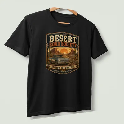 Vintage pickup truck design with retro text for road enthusiasts — printed on a unisex t-shirt (angled view)