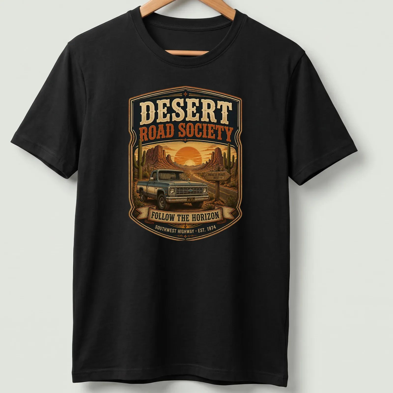 Vintage pickup truck design with retro text for road enthusiasts — printed on a unisex t-shirt