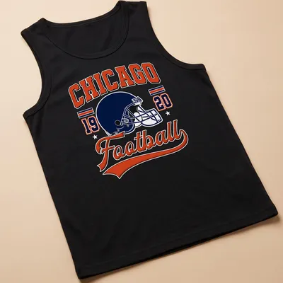 Vintage Chicago football helmet design with text in navy, orange, and white — printed on a tank top