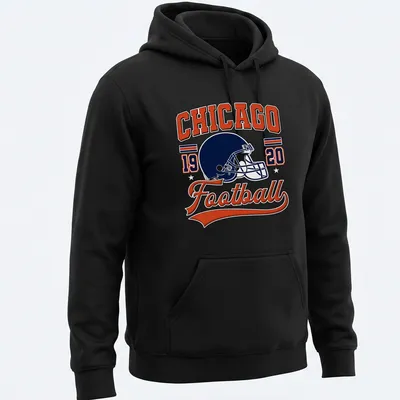 Vintage Chicago football helmet design with text in navy, orange, and white — printed on a unisex hoodie