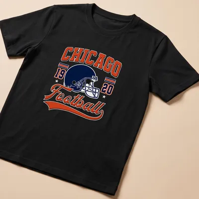 Vintage Chicago football helmet design with text in navy, orange, and white