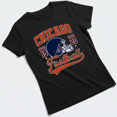 Vintage Chicago football helmet design with text in navy, orange, and white — printed on a women's shirt