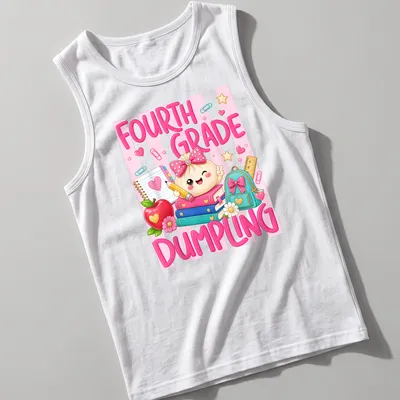 Kawaii style t-shirt with a cute dumpling and school supplies illustration — printed on a tank top